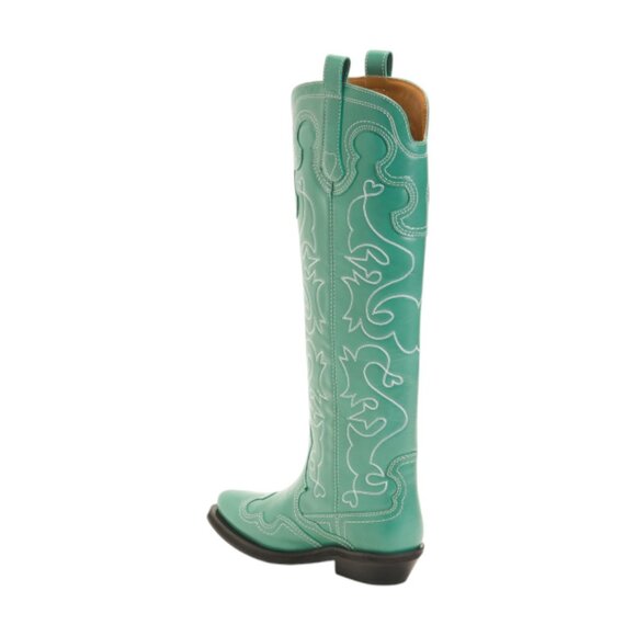 GANNI Bottle Green Made In Portugal Leather Knee High Embroidered Western Boots - Picture 2 of 3